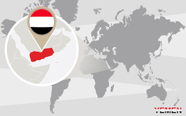 World map with magnified Yemen. Yemen flag and map.