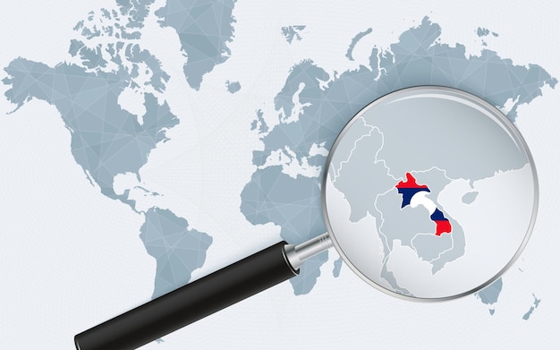 World map with a magnifying glass pointing at Laos Map of Laos with the flag in the loop