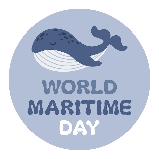 Vector world maritime day design concept sticker symbol of a cartoon blue whale