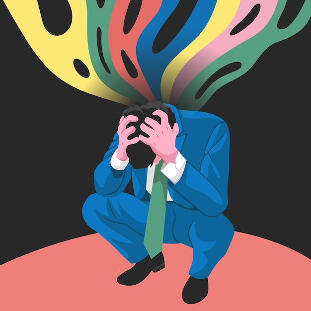 world mental health day illustration of a man in a suit with depressed expression and negative aura