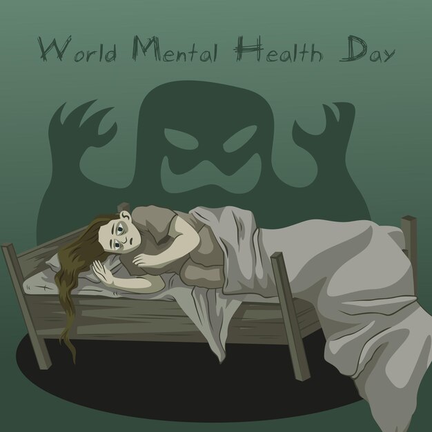 Vector world mental health day illustration of a woman unable to sleep because of stress and depression