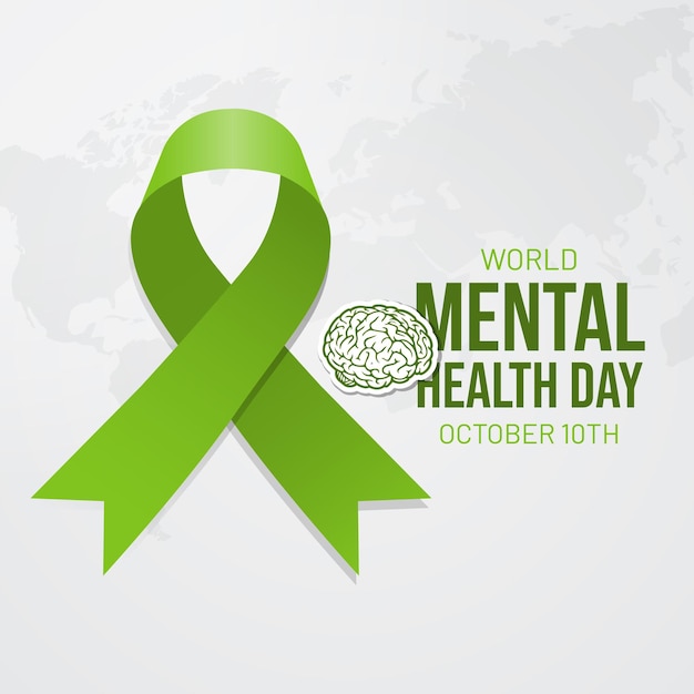 World Mental Health Day October 10th with green ribbon and maps illustration on isolated background