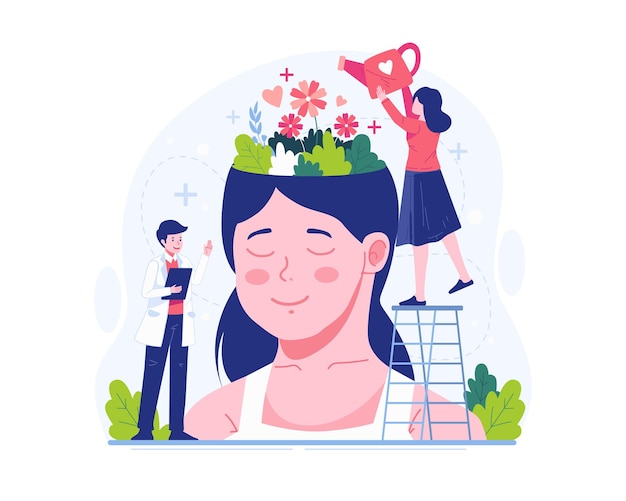 World Mental Health Day with A Woman Watering Blooming Flowers Growing in a Huge Female Head