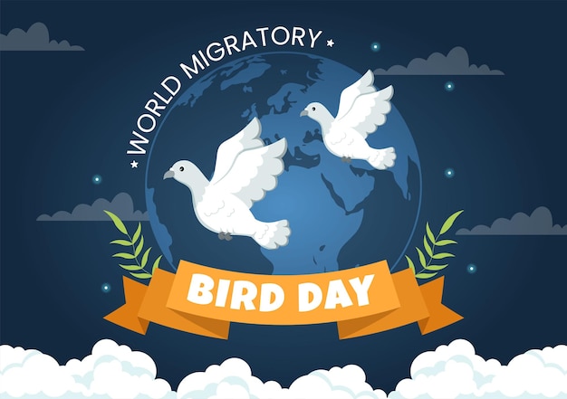 World Migratory Bird Day on May 8 Illustration with Birds Migrations Groups in Hand Drawn Templates