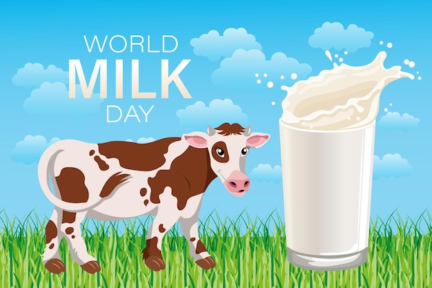 World Milk Day banner Spotted cow in the meadow glass with milk splash and text Poster illustra