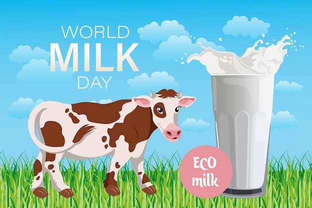 World Milk Day banner Spotted cow in the meadow glass with milk splash and text Poster