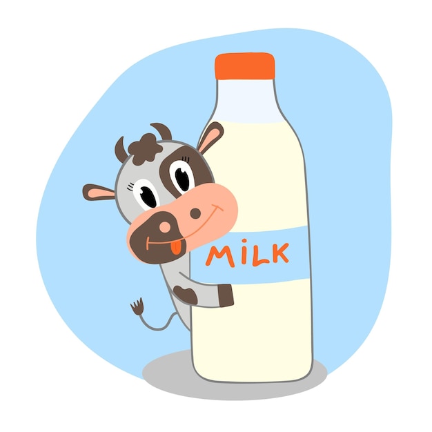 World Milk Day A cute cow is holding a bottle of milk June 1 holiday Healthy food Logo label badge or design Vector illustration