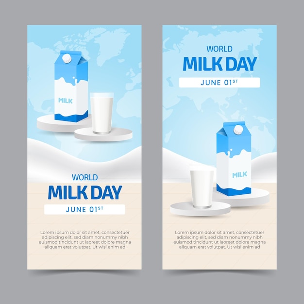 World Milk Day June 1st vertical banner with a milk glass and milk box on the podium illustration