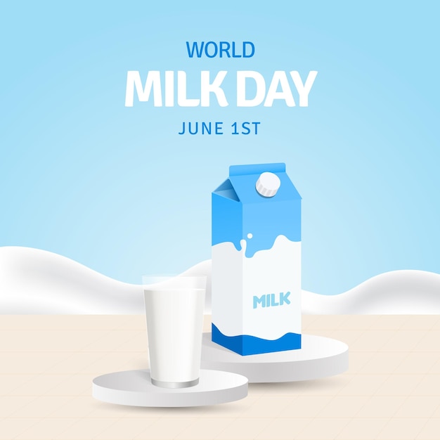 World Milk Day June 1st with a milk glass and milk box on the podium illustration design