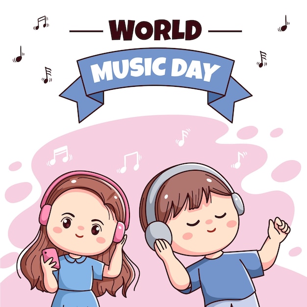 World music day cute happy boy and girl chibi character with headphone social media template