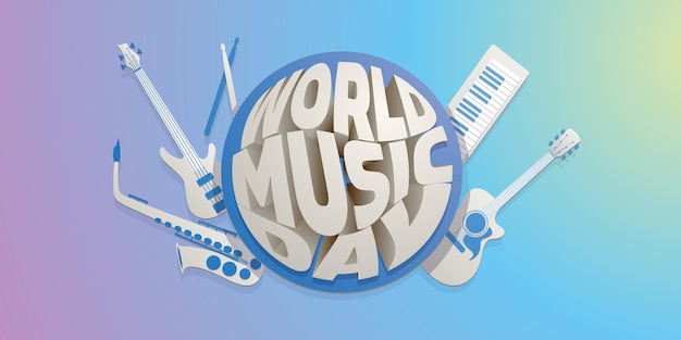 World Music Day design with instruments graphic stylized type