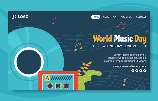 World Music Day Social Media Landing Page Flat Cartoon Hand Drawn Template Illustration