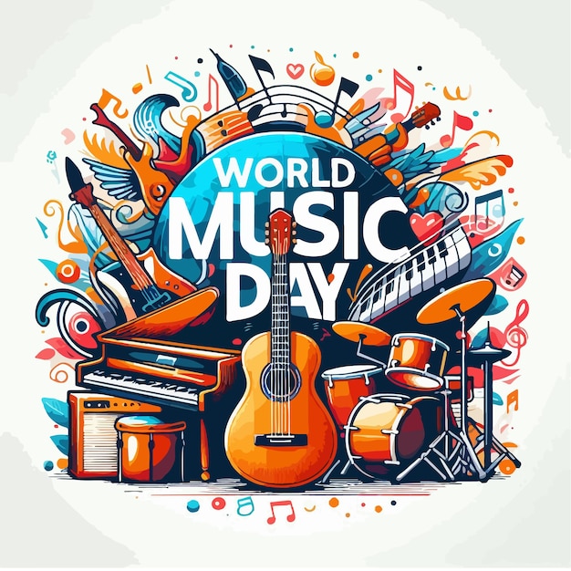 World music day vector illustration background with musical instruments isolated concept