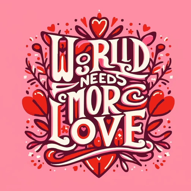 The world needs more love lettering card Valentines Day pink and red quotes kindness art Groovy r