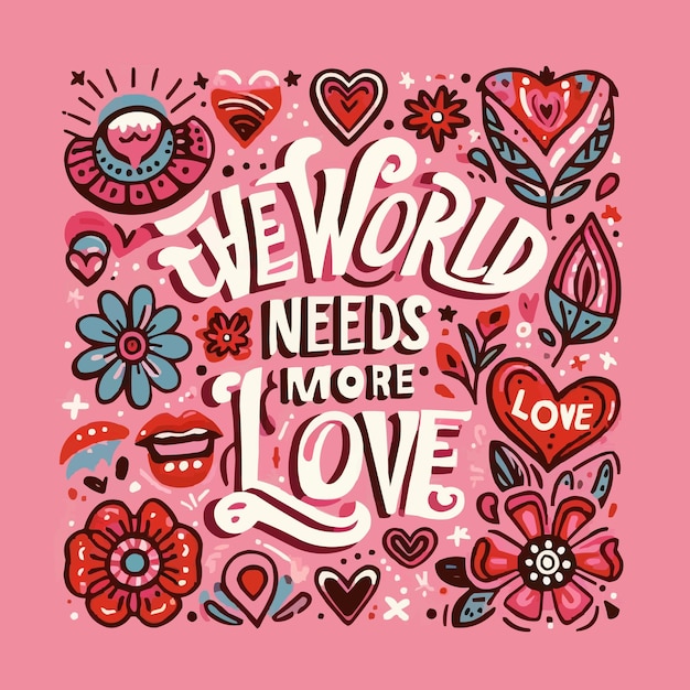 Vector the world needs more love lettering card valentines day pink and red quotes kindness art groovy r