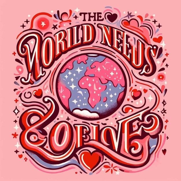 Vector the world needs more love lettering card valentines day pink and red quotes kindness art groovy r