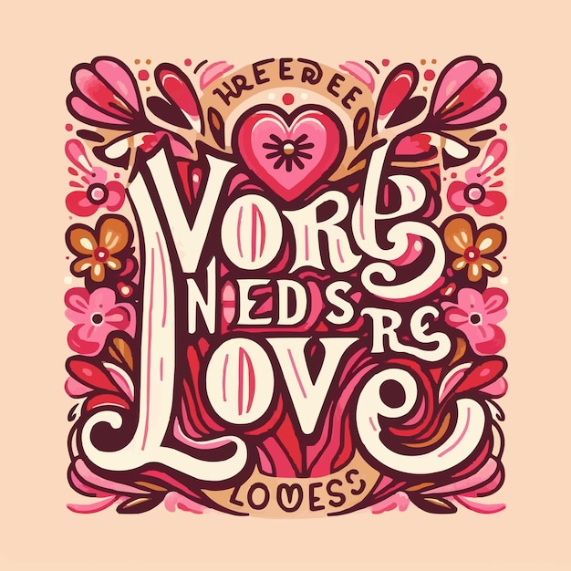 Vector the world needs more love lettering card valentines day pink and red quotes kindness art groovy r