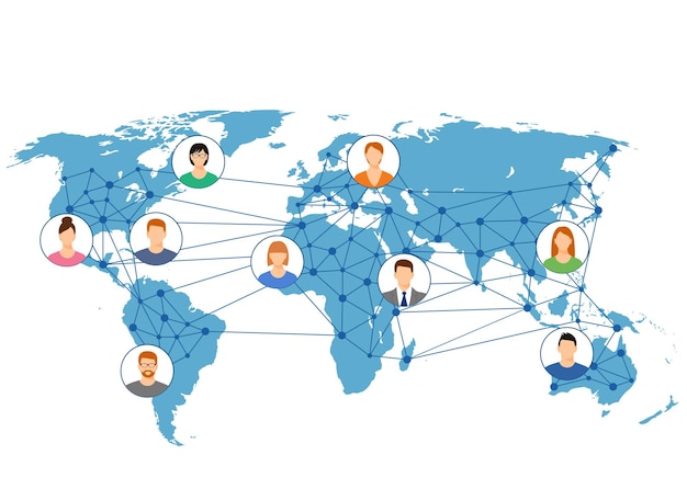 World Network Social networks unite the world Social network scheme on the Earth map