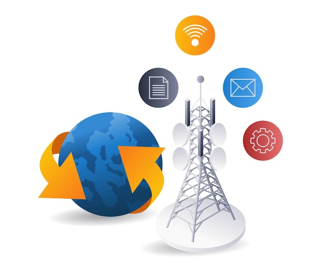 World network tower infographics flat isometric 3d illustration