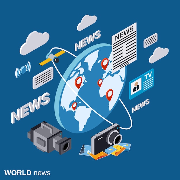 World news flat isometric concept illustration