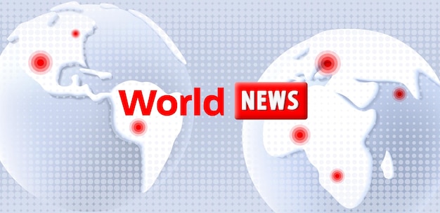 World news spalsh screen template with 3d white and gray globes with different continents and red pointer in cities