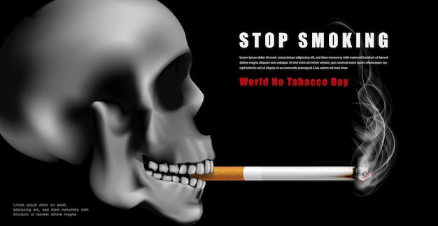 Vector world no tabacco day campaign illustration no cigarette for health scary skull smoking in black dark background