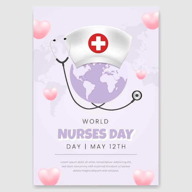 Vector world nurses day may 12th flyer illustration with hat stethoscope and globe