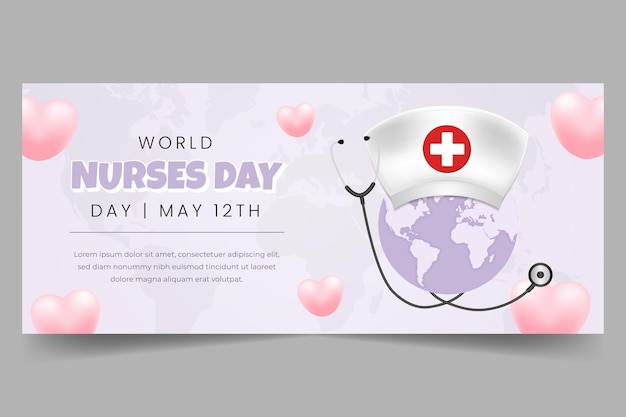 World Nurses Day May 12th horizontal banner illustration with hat stethoscope and globe