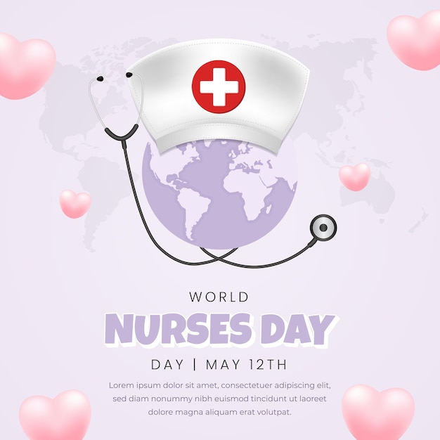 World Nurses Day May 12th illustration with hat stethoscope and globe