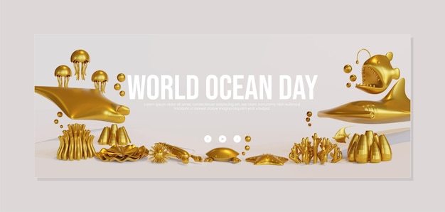 World Ocean Day Banner Template With Gold Composition Of Sea Animals 3D Illustration