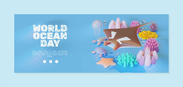 World Ocean Day Banner Template With Manta Ray 3D Vector Illustration