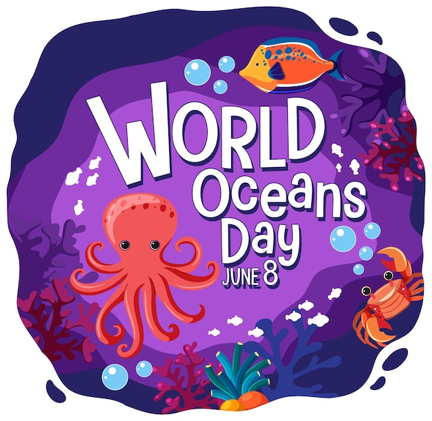 World Ocean Day banner with many different sea animals