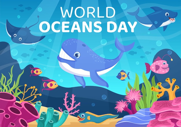 World Ocean Day Cartoon Illustration with Underwater Scenery Dedicated to Helping Protect