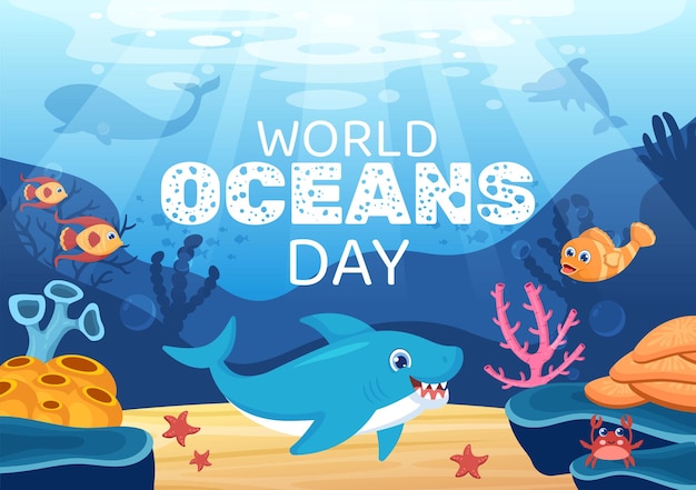 World Ocean Day Cartoon Illustration with Underwater Scenery Dedicated to Helping Protect