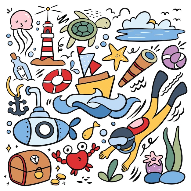 World ocean day doodle element vector illustration