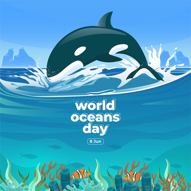 World oceans day 8 June Large whale and fish were swimming underwater with beautiful coral and seaweed background vector illustration