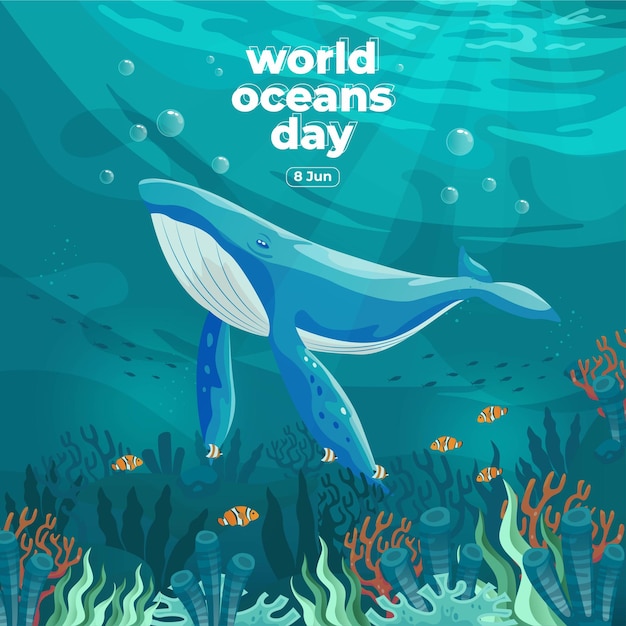 World oceans day 8 June Save our ocean Large whale and fish were swimming underwater with beautiful coral and seaweed background vector illustration