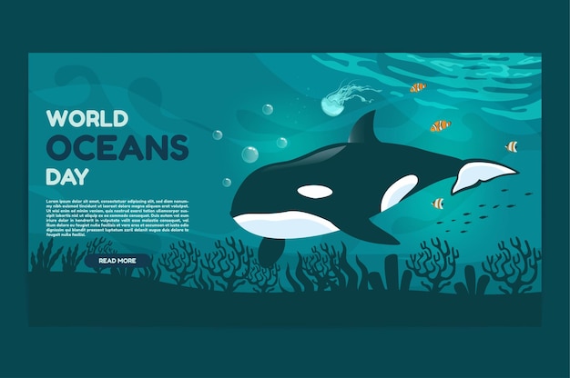 World oceans day 8 June web banner Save our ocean Large whale orca and fish were swimming underwater with beautiful coral and seaweed background vector illustration