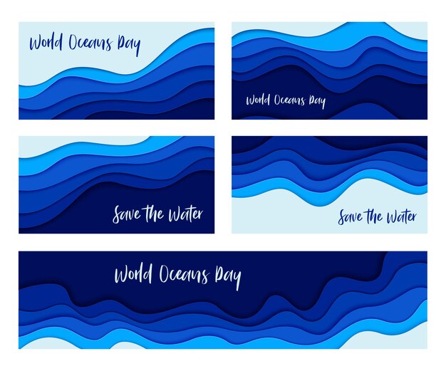 World Oceans Day banner background in paper cut style, poster template. Deep blue waves with shadows. Vector illustration EPS 10.