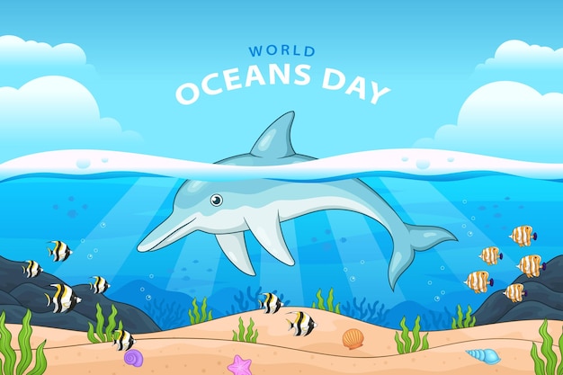 World oceans day dolphin illustration banner vector design