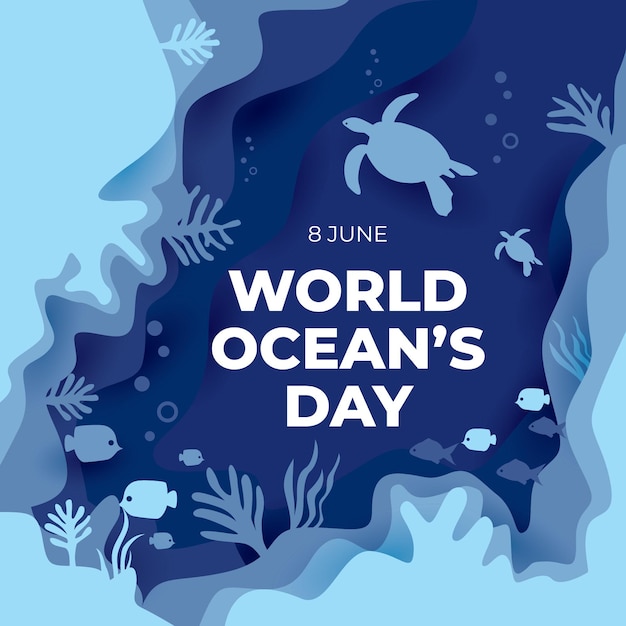 world oceans day greeting card background with flat style