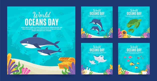 World oceans day hand drawn flat ig post collection