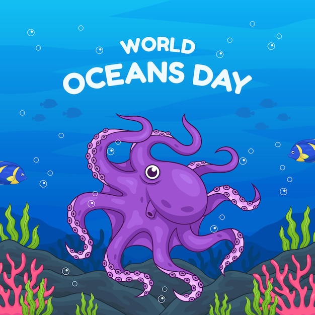 World oceans day octopus illustration banner background vector design