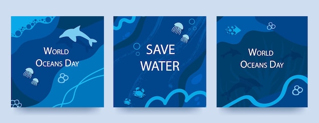 World oceans day poster set with blue background liquid shapes and ocean elements Layouts for printing flyers covers banner design Eco concept Vector