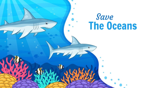 World oceans day shark illustration banner background design vector