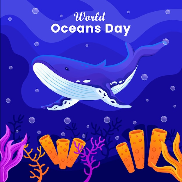 World oceans day underwater marine sea blue whale fish cartoon poster design