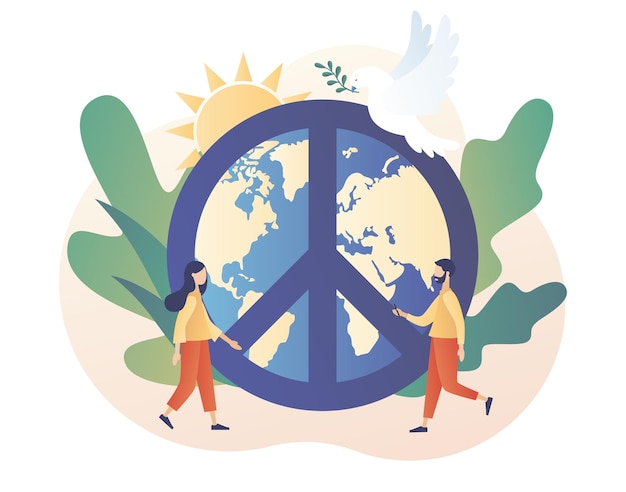 Vector world peace day tiny people live in love calm and harmony globe white pigeon and hippie sign