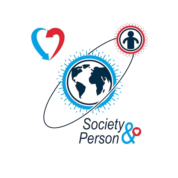 World and Person creative logo, unique vector symbol created with different icons. System and social Matrix sign. Person and humankind interacts with each other. System and social Matrix sign.