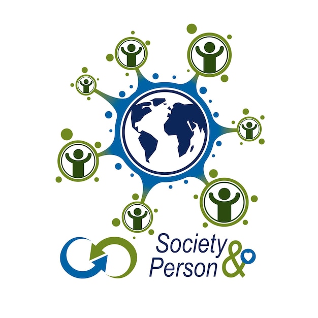 World and Person creative logo, unique vector symbol created with different icons. System and social Matrix sign. Person and humankind interacts with each other. System and social Matrix sign.