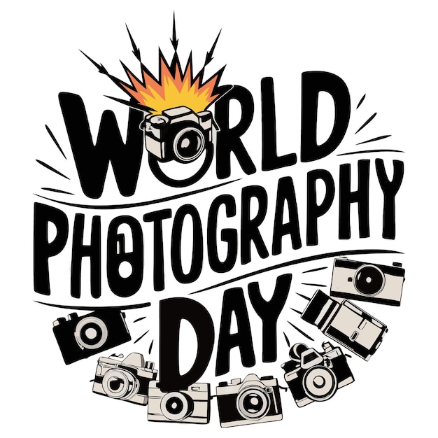 World Photography Day tshirt design illustration consists of various cameras